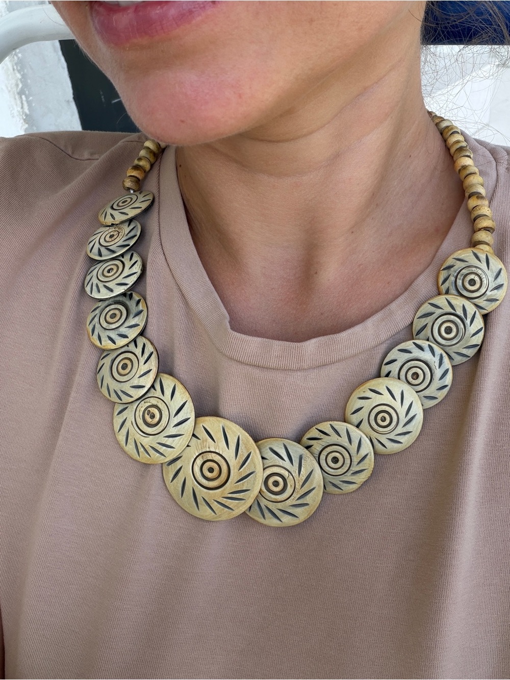 Vintage Carved Bone Disc Necklace Fairycore Whimsy Goth Boho Cottagecore Art
